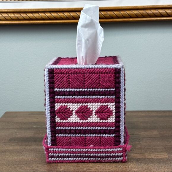 Vtg Handmade Tissue Box Cover + Base Pink Needlepoint Decor Gift Grandma Cottage - Picture 2 of 6